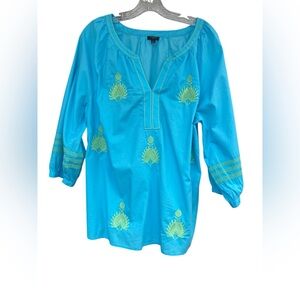 Talbots Women’s size 1X long sleeve V-Neck cotton blouse Aqua blue embroidered